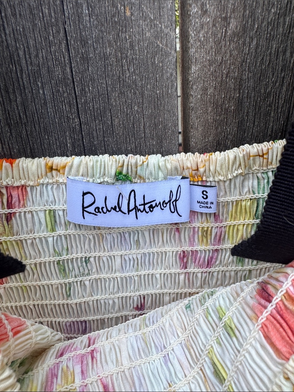 Rachel Antonoff Floral Smocked Sundress with Black Tie Straps - Cream Multi - Picture 2 of 3